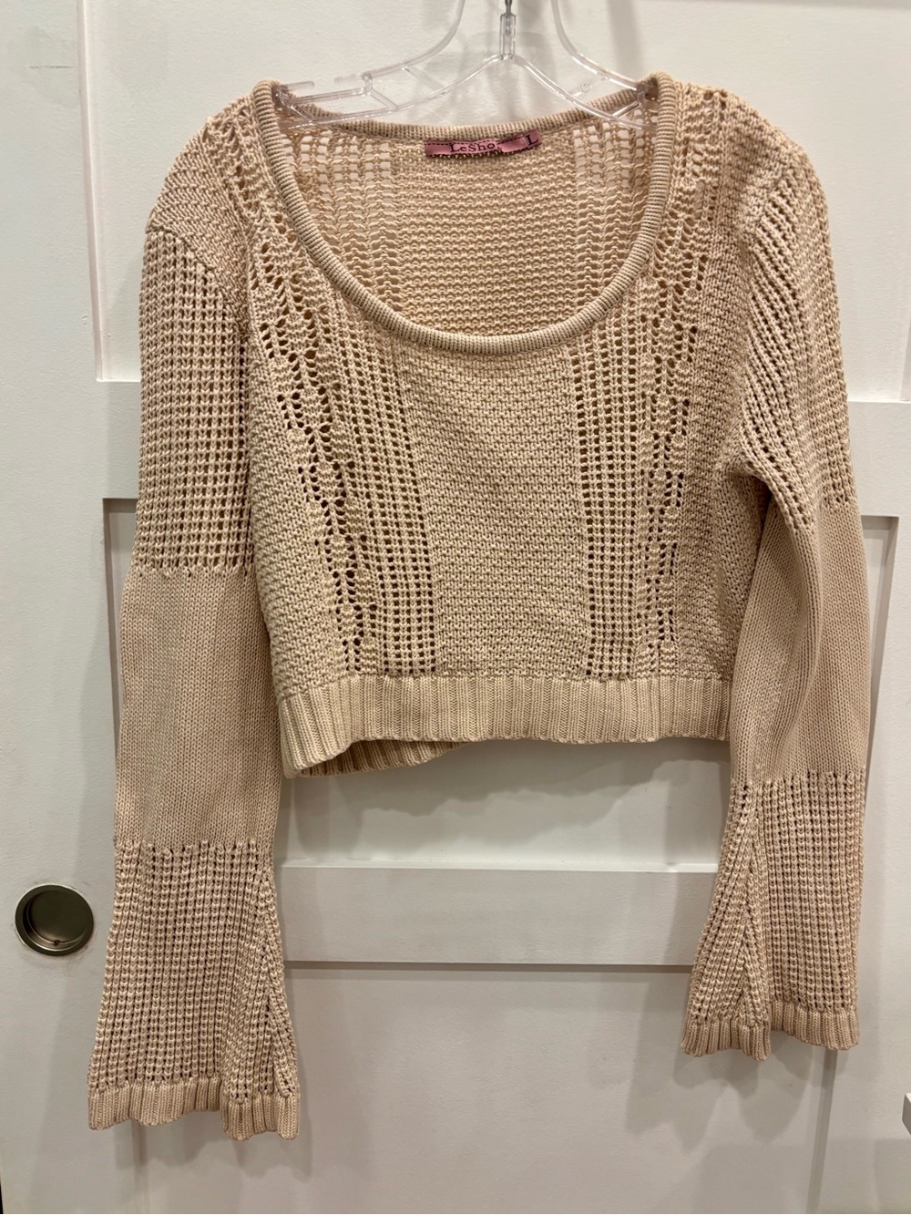 leshop Cream Open-Knit Cropped Sweater with Bell Sleeves Size L
